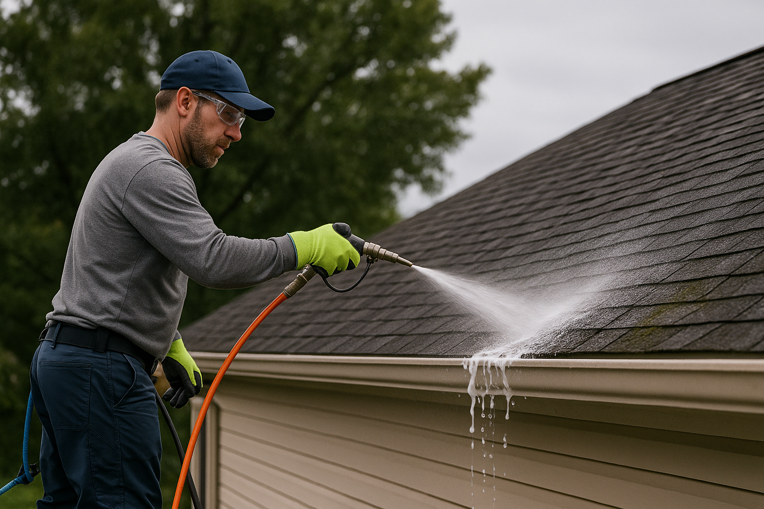 Technician performing soft washing on a residential roof with low-pressure equipment.