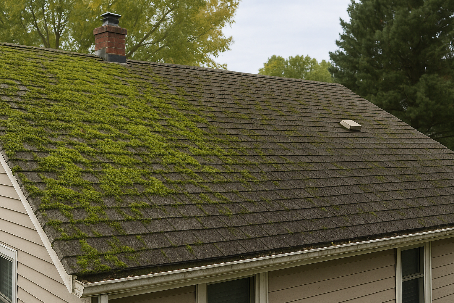 Roof covered in moss and algae before professional roof cleaning in Morris Plains, NJ.