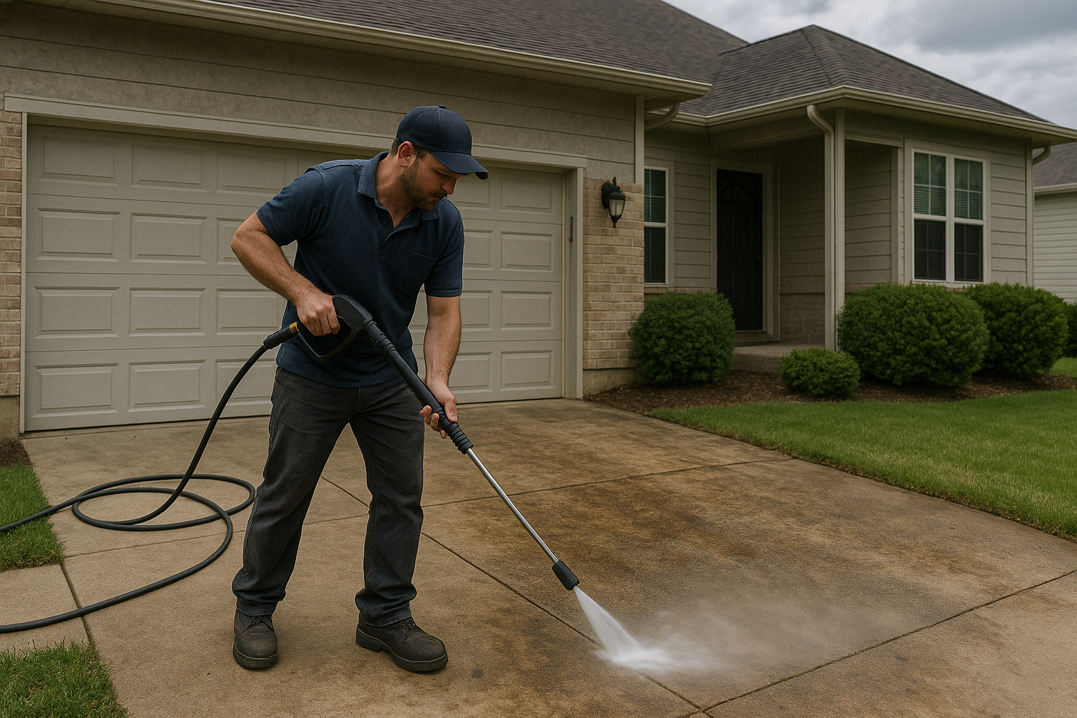 Technician using a pressure washer on a stained driveway in Morris Plains, NJ.